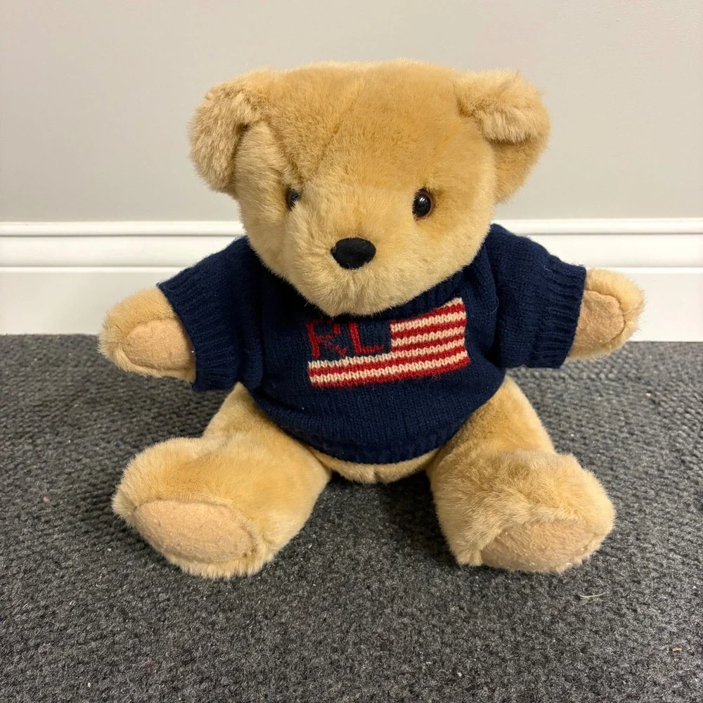 Vintage 1996 Ralph Lauren Teddy Bear Navy Blue American Flag Sweater Plush RL